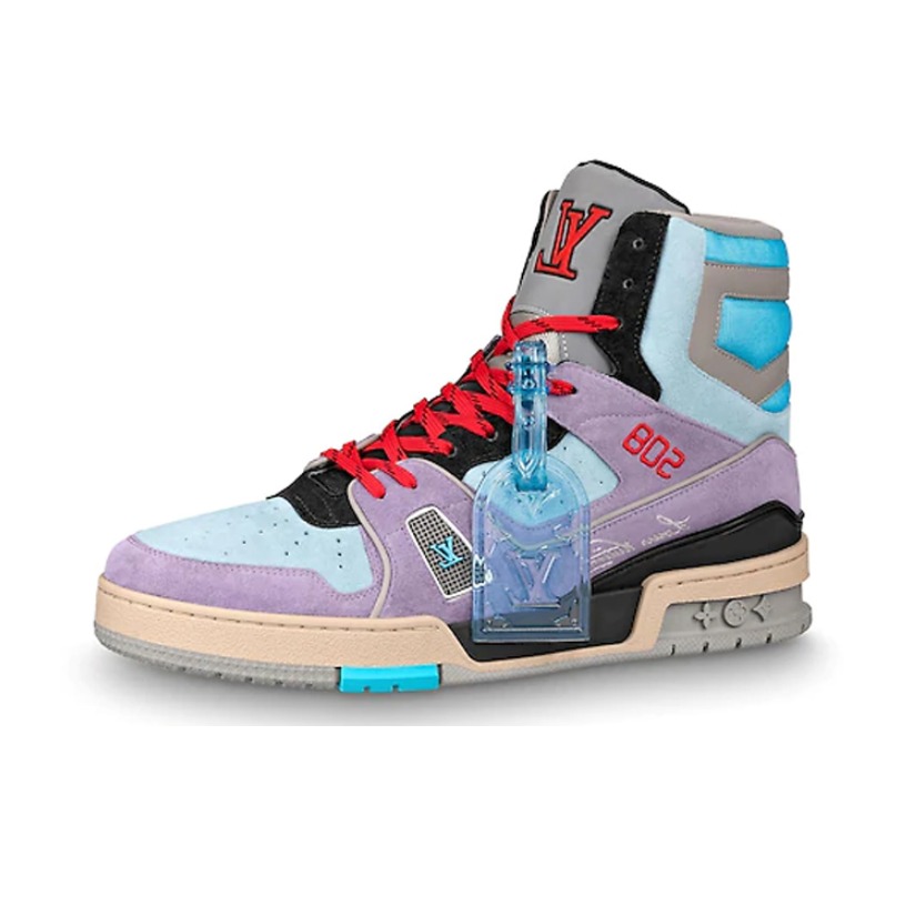 推荐商品：Louis Vuitton Trainer系列 牛皮 休闲复古 徽标花纹 减震耐磨 高帮 魔术贴 板鞋 高帮/紫色