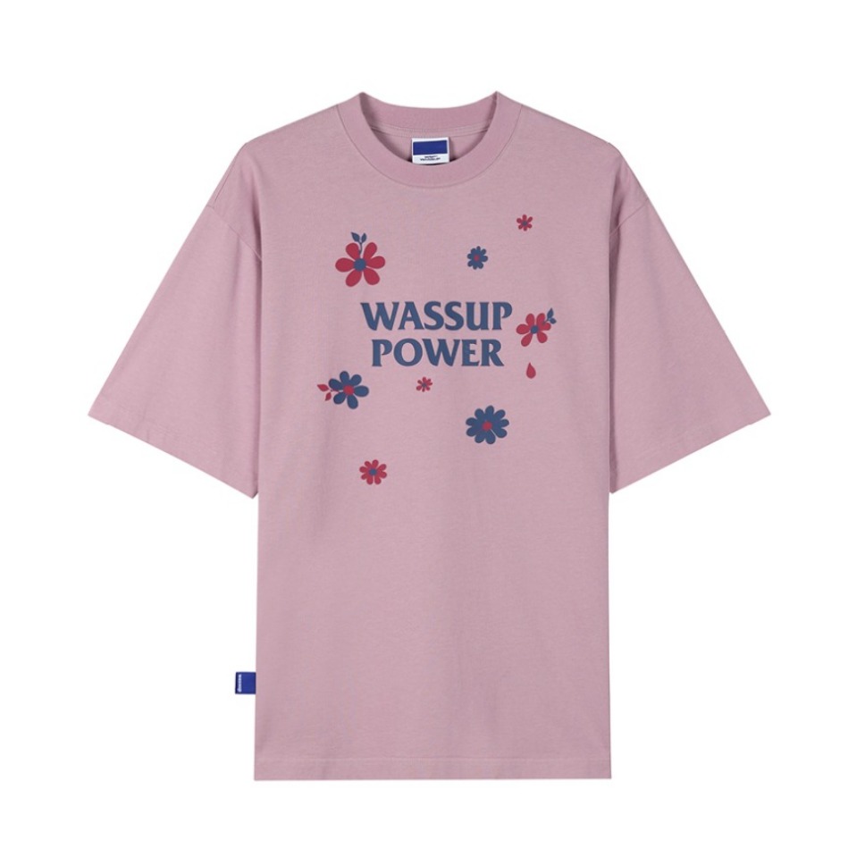 WASSUP 小花英文印花logo圆领纯棉短袖T恤 男女同款 脏粉