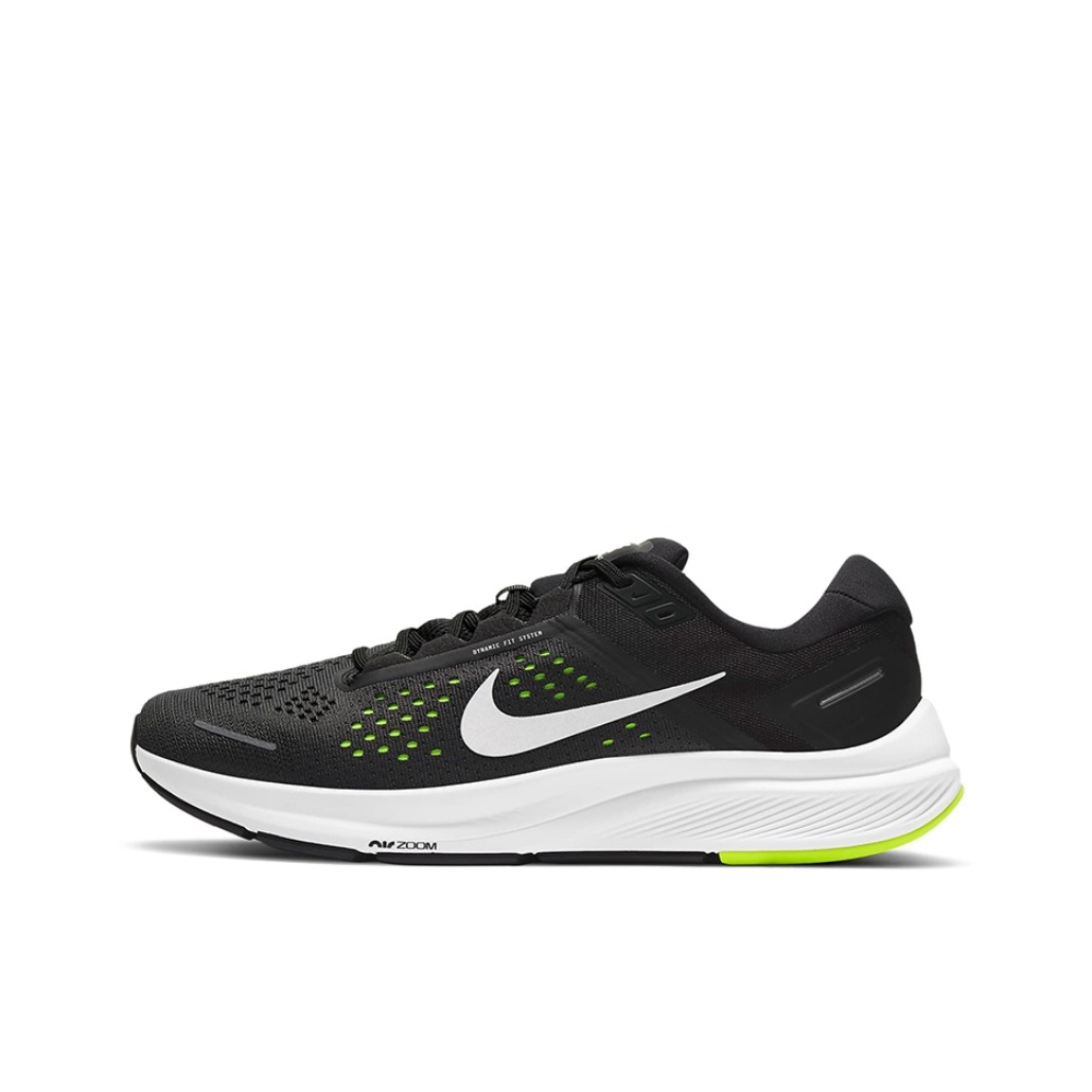 推荐商品：Nike Air Zoom Structure 23 跑鞋 气垫缓震网面透气舒适轻便耐磨织物合成革运动 黑色/白色/绿色