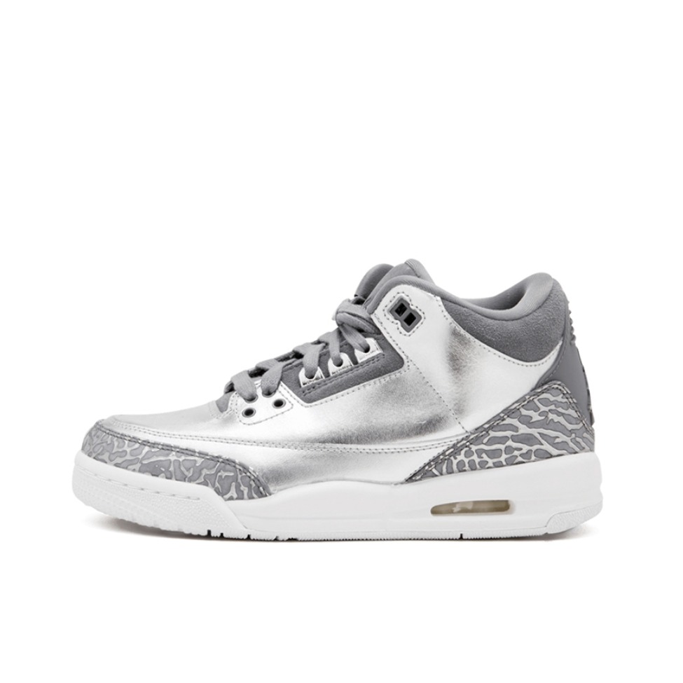 推荐商品：Air Jordan 3 运动休闲鞋 潮流复古抓地支撑缓震合成革圆头 Heiress Metallic Silver 液态银