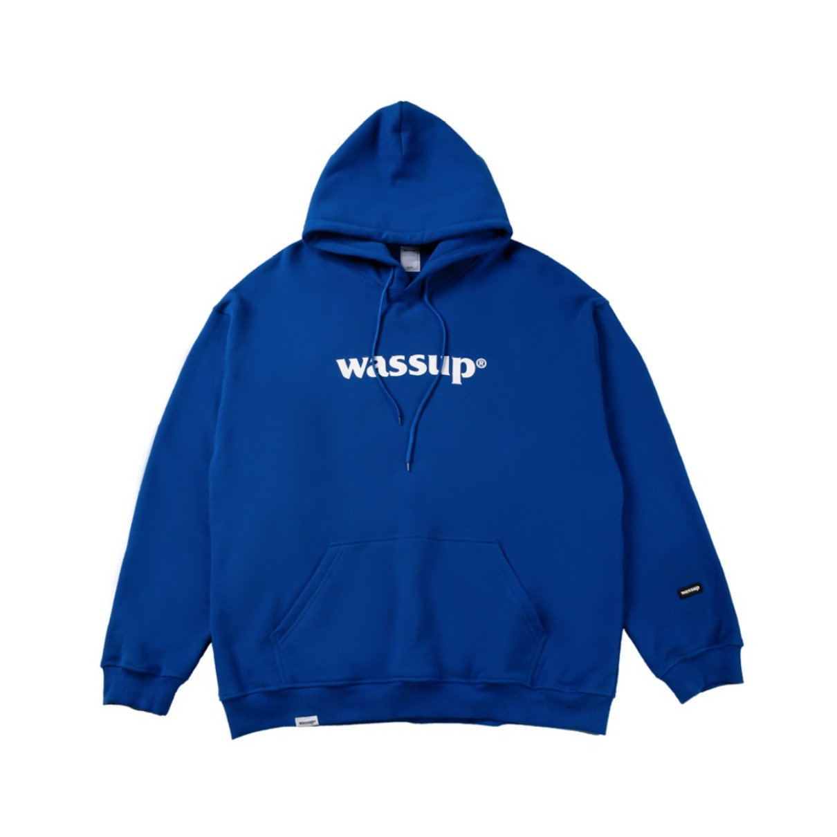 【敖瑞鹏同款】WASSUP 美式印花logo纯棉字母植绒印花加绒连帽套头卫衣 男女同款 18W001 蓝