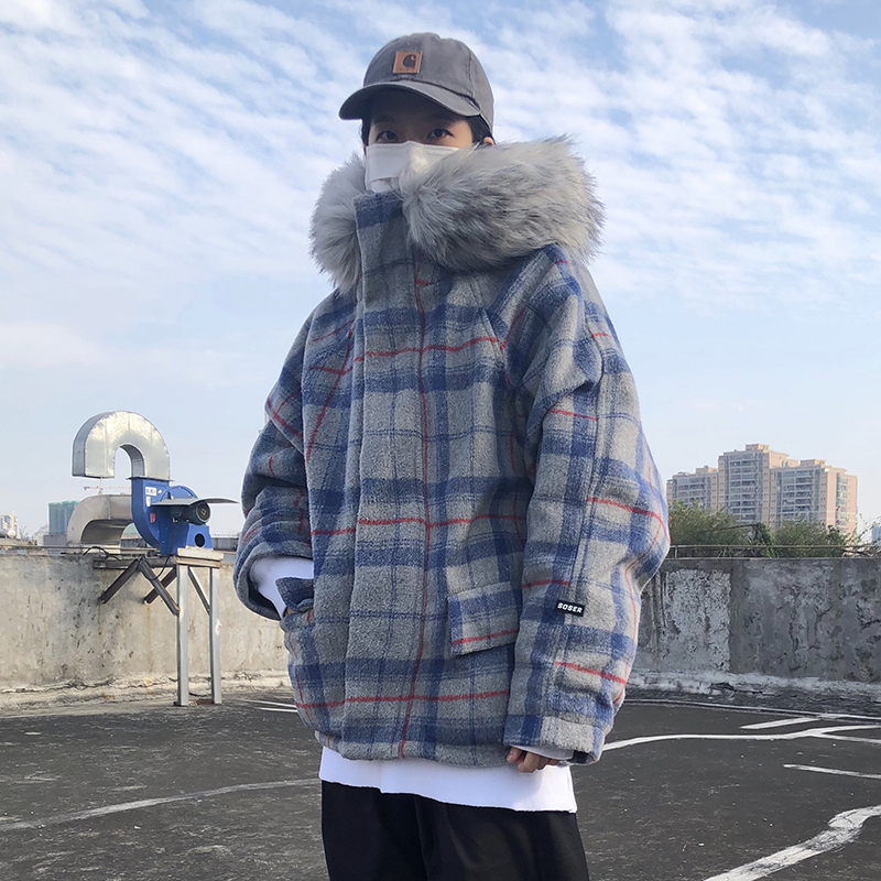 推荐商品：SKRM & SOSER 兔绒毛领灰蓝格子座山雕毛呢大衣加厚棉服外套 男女同款 灰蓝色