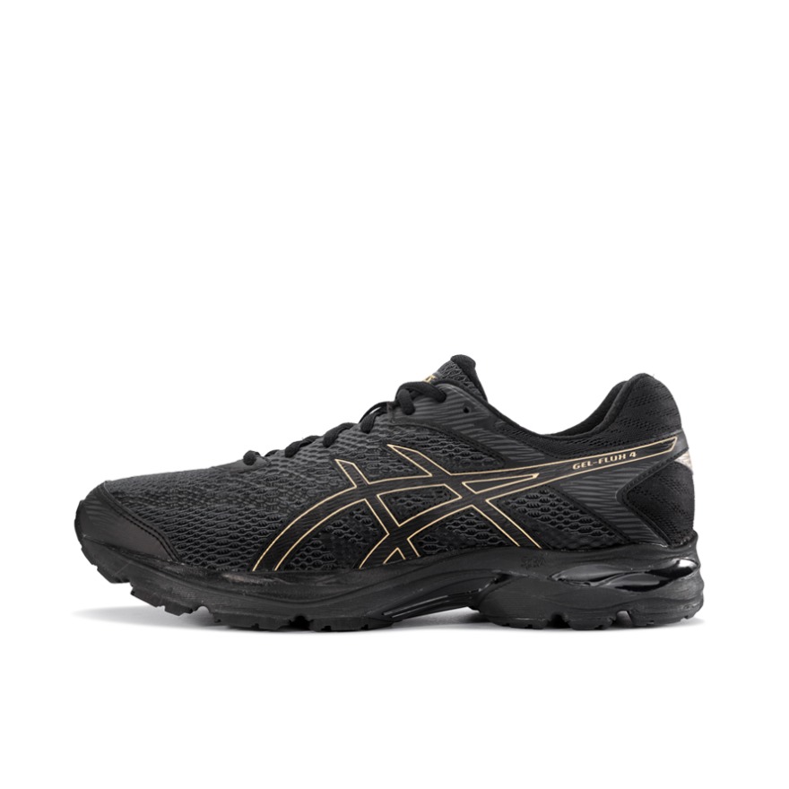 推荐商品：Asics/亚瑟士 Gel-Flux 4 跑鞋 包裹性舒适缓冲复古越野短跑慢跑织物轻量回弹合成革运动 Black/Gold 黑色/金色