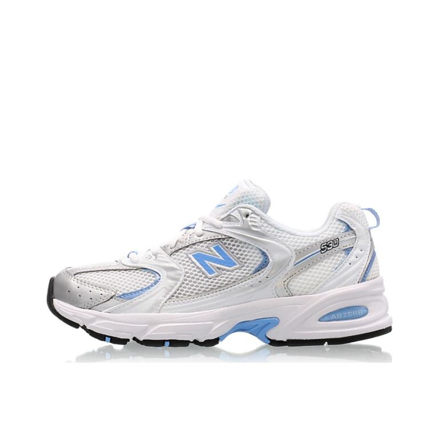 推荐商品：New Balance MR530 跑鞋 圆头经典拼接复古缓震防滑耐磨网面透气支撑 白色/银色/蓝色