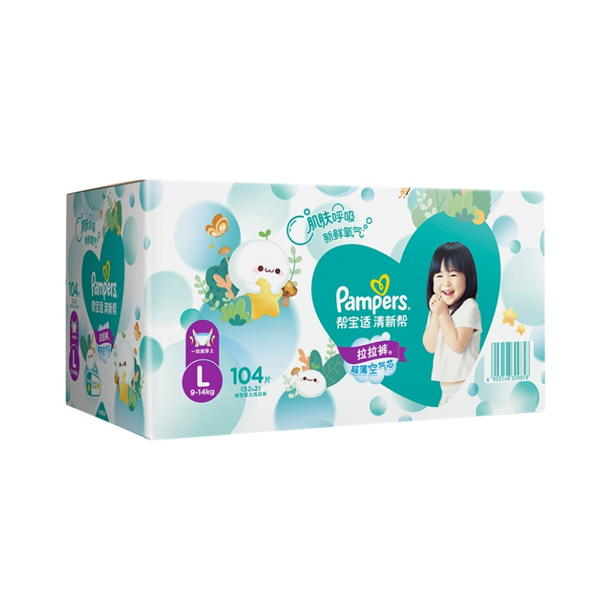 推荐商品：帮宝适 清新帮泡泡超薄透气拉拉裤L码 尿不湿新生儿