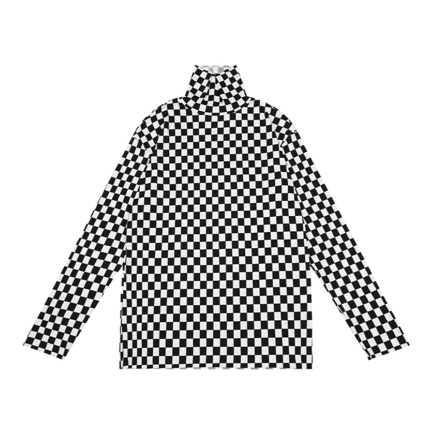 FUNKYFUN 棋盘格子小高领长袖T恤
