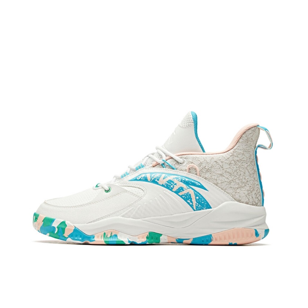 推荐商品：安踏 菱极系列 减震防滑 耐磨实战 合成革 篮球鞋 白色/氯蓝/婴儿粉