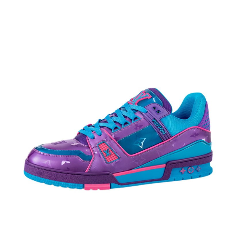 推荐商品：Louis Vuitton Trainer系列 网眼 舒适防滑 时尚潮流 圆头拼接 牛皮革 压纹 板鞋 蓝色/紫色