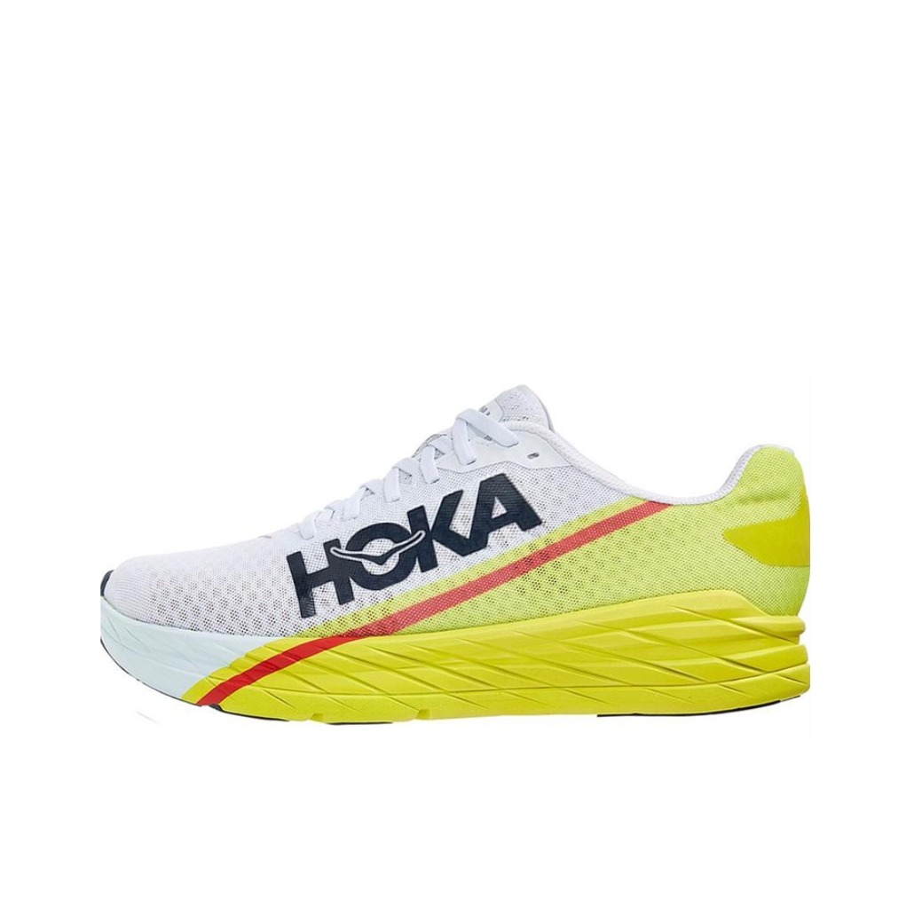 推荐商品：HOKA ONE ONE Rocket X 竞速 网面透气 防滑耐磨 减震轻便 织物 圆头 跑鞋 白色/月见草绿