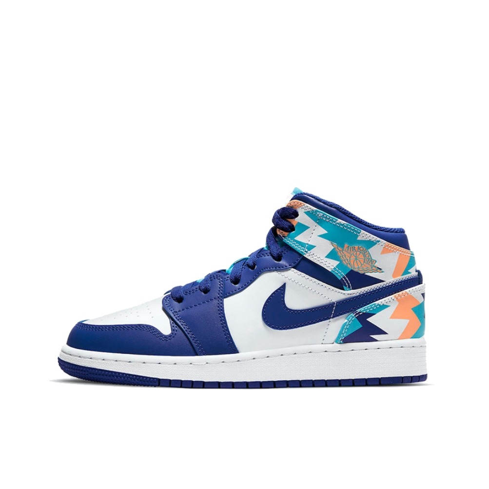 推荐商品：Air Jordan 1 板鞋 运动休闲鞋 复古潮流支撑合成革 Geometric Print 中帮/GS/白蓝/几何