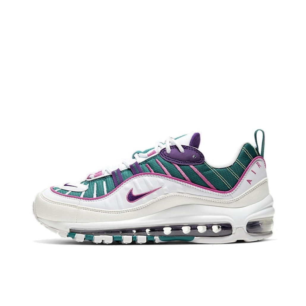 推荐商品：Nike Air Max 98 跑鞋 潮流复古全掌缓震回弹防滑耐磨轻便透气时尚拼接圆头气垫 White Green Purple Pink 白绿紫