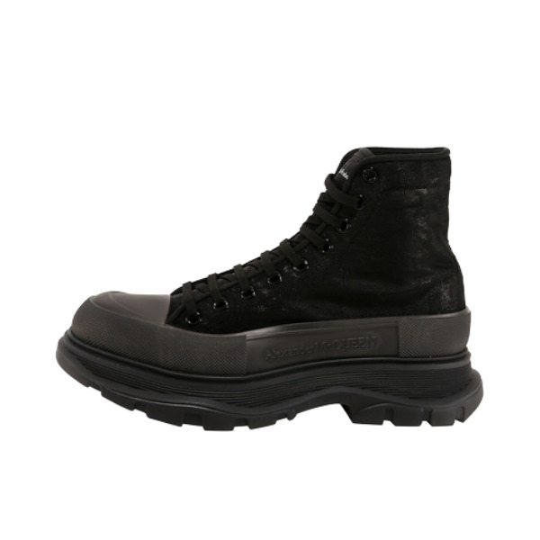推荐商品：Alexander McQueen/亚历山大麦昆 Tread Slick 防滑耐磨 休闲时尚 舒适百搭 圆头 织物棉布 厚底 马丁鞋 纯黑色/帆布