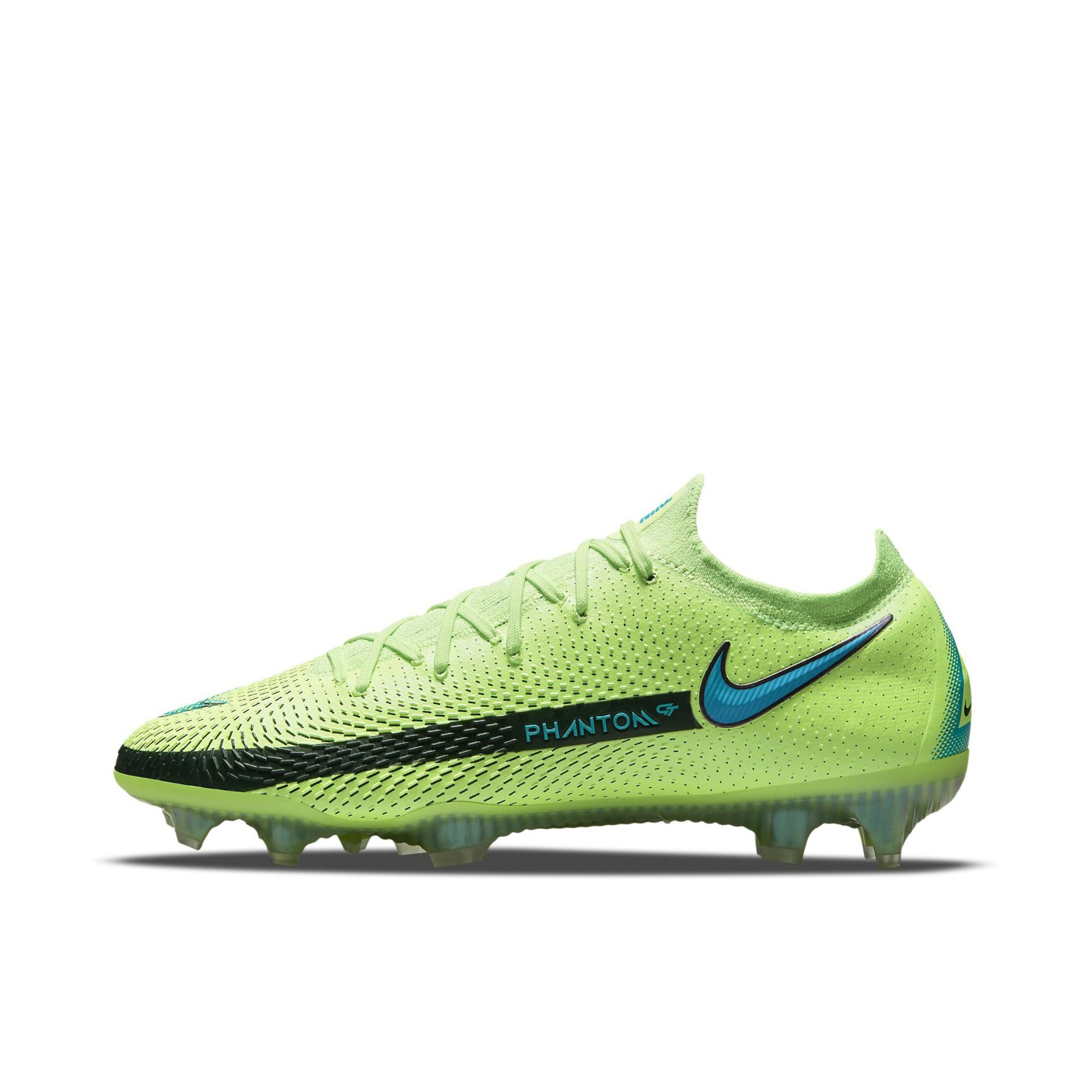 推荐商品：Nike Phantom GT Elite FG 中端 胶质长钉 天然草地 减震防滑耐磨轻便 足球鞋 球员版/绿色/蓝色