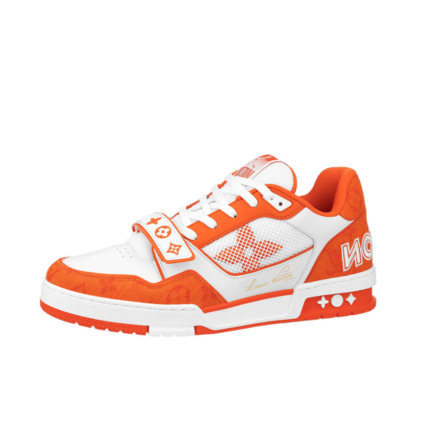 推荐商品：Louis Vuitton trainer 百搭复古 轻便平跟 花朵图案 牛仔布 板鞋 白色/亮橙