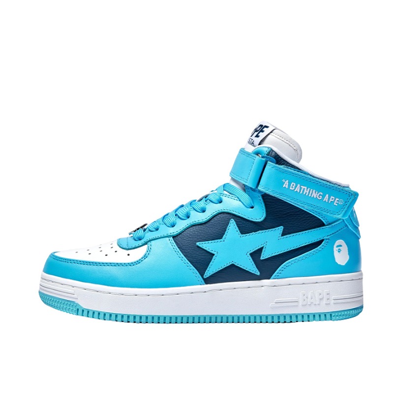 推荐商品：Bape Sta 板鞋 拼接舒适皮革防滑耐磨系带圆头时尚简约复古百搭牛皮压纹平跟徽标星星图案 天蓝色