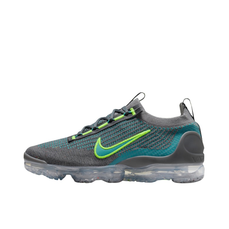 推荐商品：Nike Vapormax Flyknit 2021 跑鞋 全掌气垫减震回弹防滑耐磨舒适透气织物休闲运动 深灰色/绿色/湖蓝色
