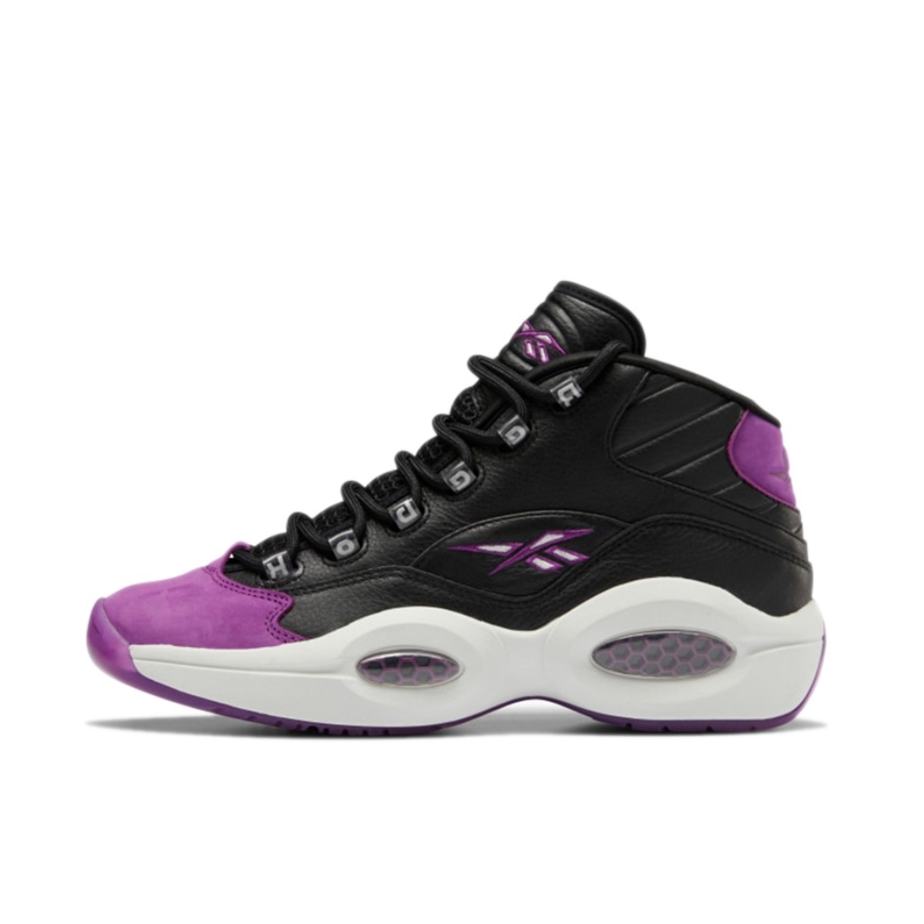 推荐商品：Reebok/锐步 Question 复古 减震 防滑耐磨 实战 透气 运动 包裹性 篮球鞋 紫色/白色