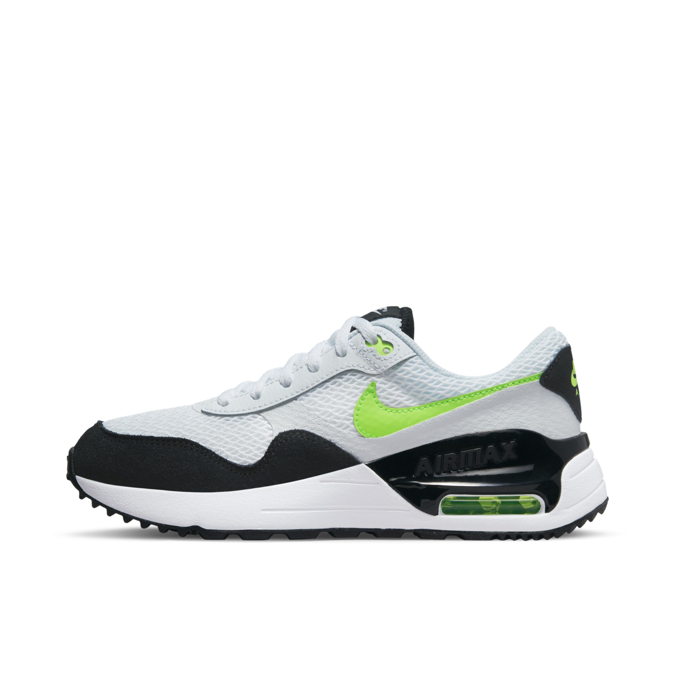 推荐商品：Nike Air Max Systm 气垫 网面透气 防滑耐磨 减震轻便 复古 织物 跑鞋 GS/白色/黑色/荧光黄