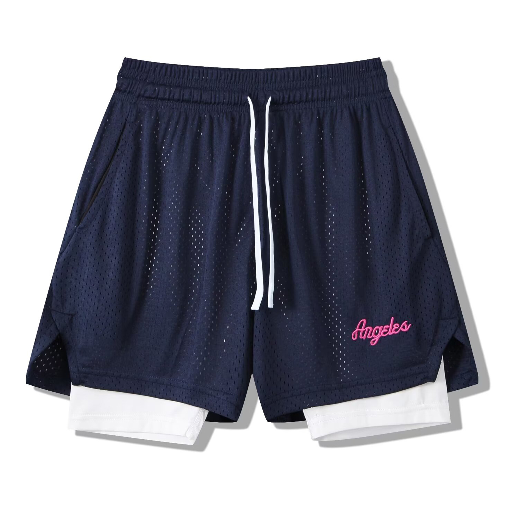 推荐商品：STNP 美式假两件网眼刺绣字母小标四分裤速干运动短裤 男女同款 ST-ZY-7066 藏蓝