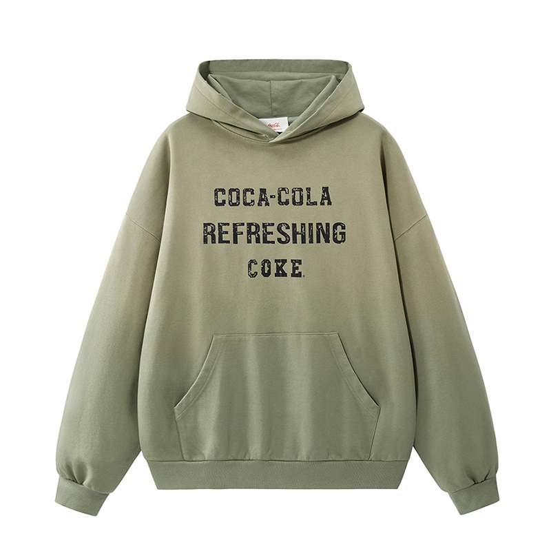推荐商品：Coke 可口可乐渐变美式复古做旧重磅串标连帽卫衣 森林雾