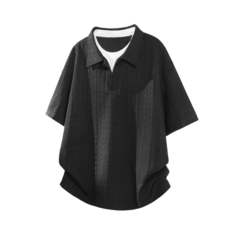 推荐商品：维路雅 美式肌理感条纹翻领短袖T恤 WLY00301 黑