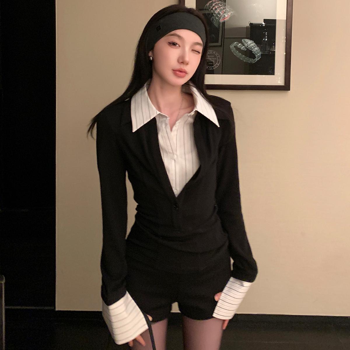 假两件拼接短款衬衫 女装 基础色