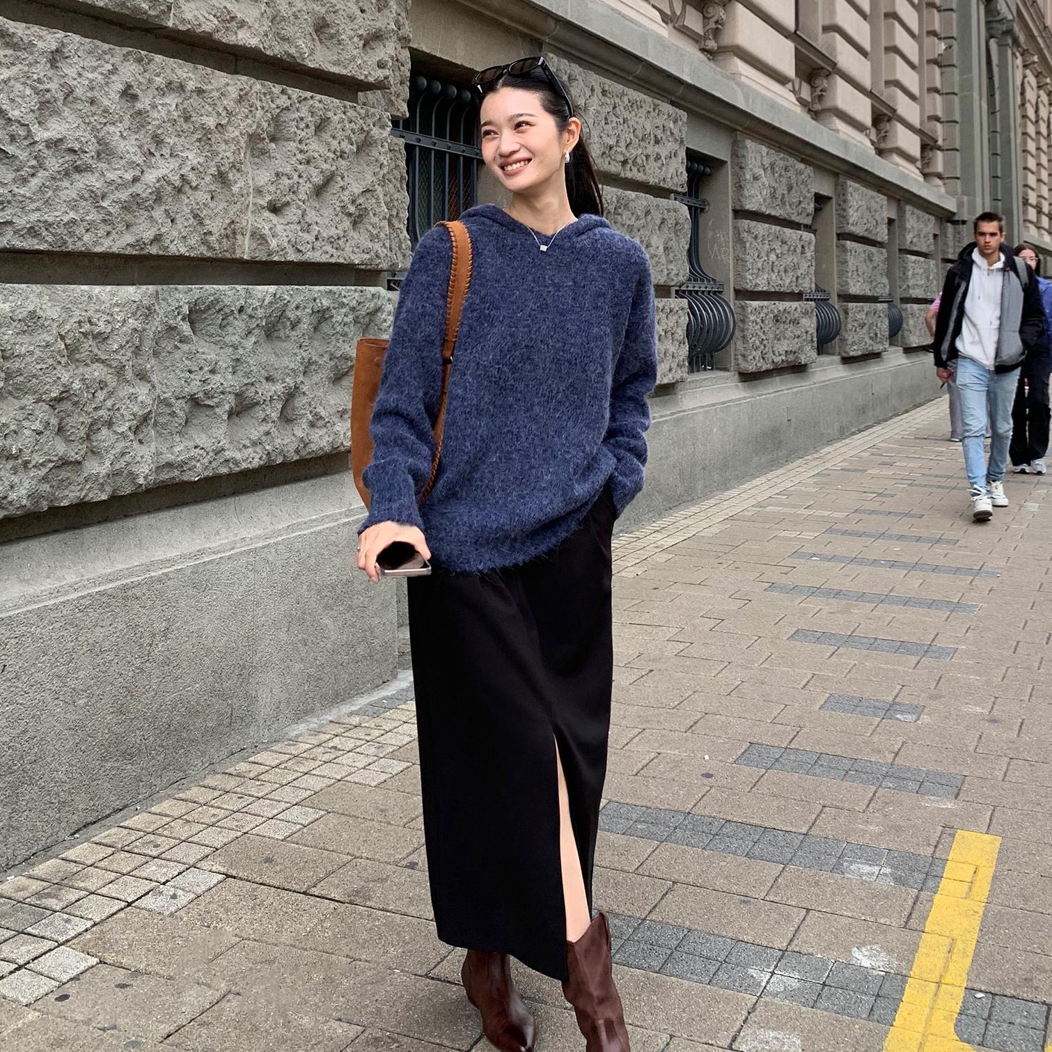 老钱风开叉高腰a字半身长裙 女装 基础色