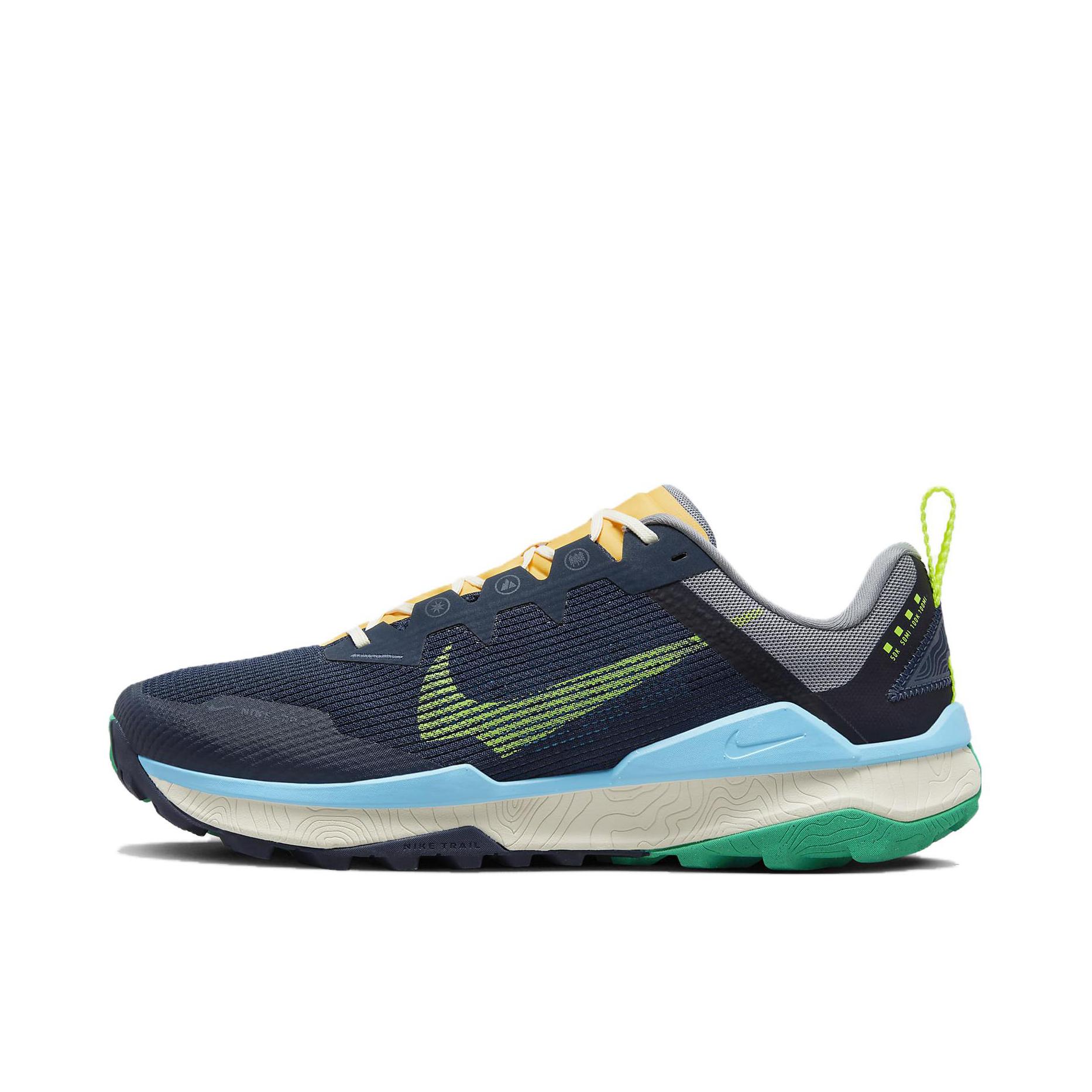 推荐商品：Nike Wildhorse 8 跑鞋 防滑耐磨网面透气缓震回弹舒适百搭时尚潮流长跑圆头包裹性 海蓝/荧光黄/冷灰