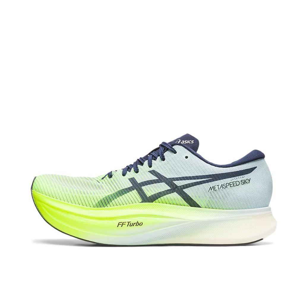 推荐商品：Asics/亚瑟士 Metaspeed Sky+ 跑鞋 碳板竞速型稳定支撑健身训练马拉松长跑回弹织物 深绿/荧光黄