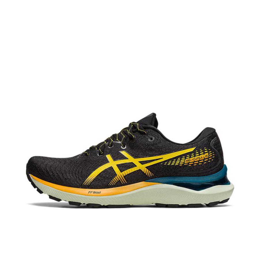 推荐商品：Asics/亚瑟士 Gel-Cumulus 24 跑鞋 减震耐磨稳定支撑舒适排汗透气轻量回弹圆头网面织物轻便体考马拉松 黑色/蜜蜡黄