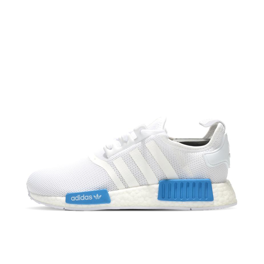 推荐商品：adidas Originals NMD R1 BOOST 织物 轻便透气 缓震 低帮 运动休闲鞋 White/Bright Blue 白蓝