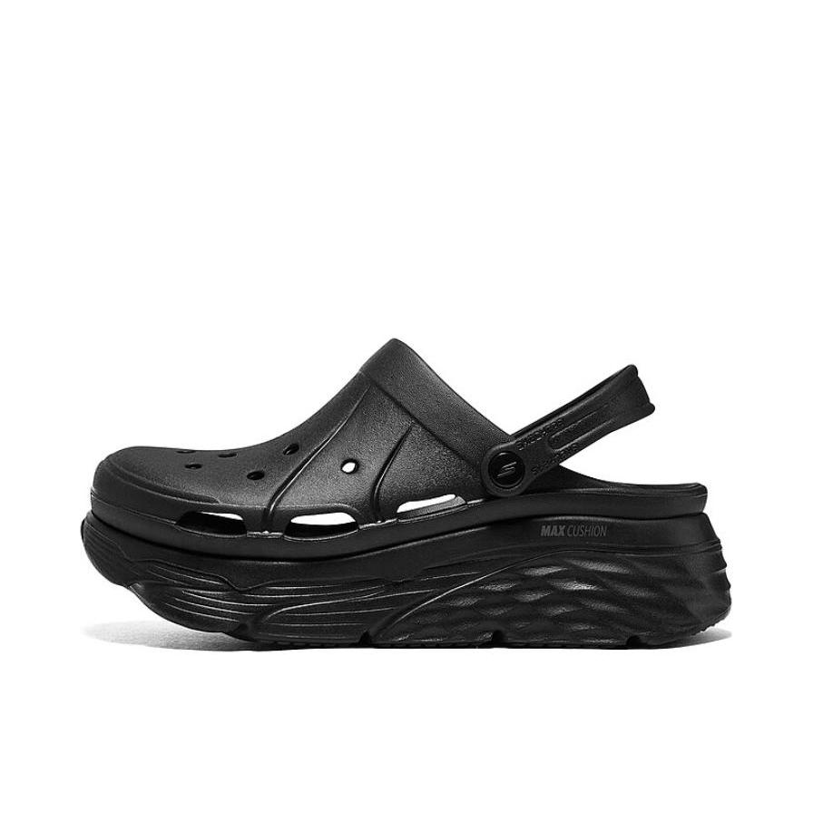 推荐商品：Skechers/斯凯奇 MAX CUSHIONING 厚底增高 舒适透气 缓震软底 沙滩 包头 快干 易穿 踩屎感 休闲时尚 软弹 轻质疏水 两穿 一脚蹬 凉鞋 女款/全黑色