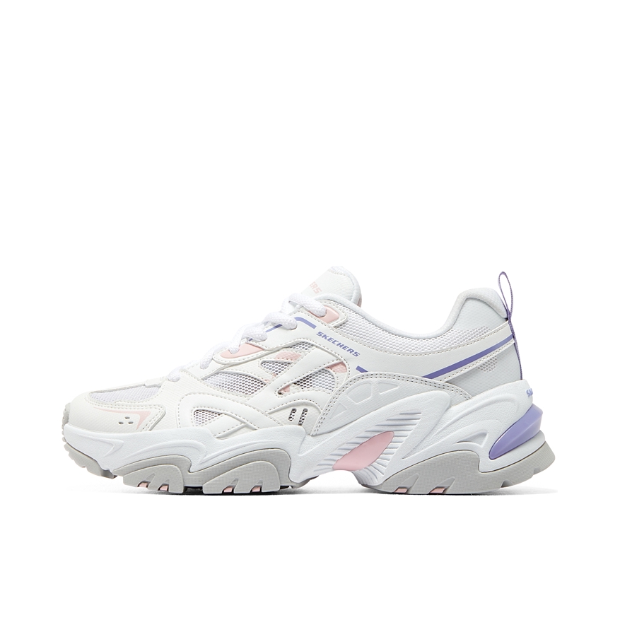 推荐商品：Skechers/斯凯奇  Stamina V2  机甲鞋二代  老爹鞋 跑步鞋 机能风绑带厚底增高缓震轻便  白色/粉色/紫色