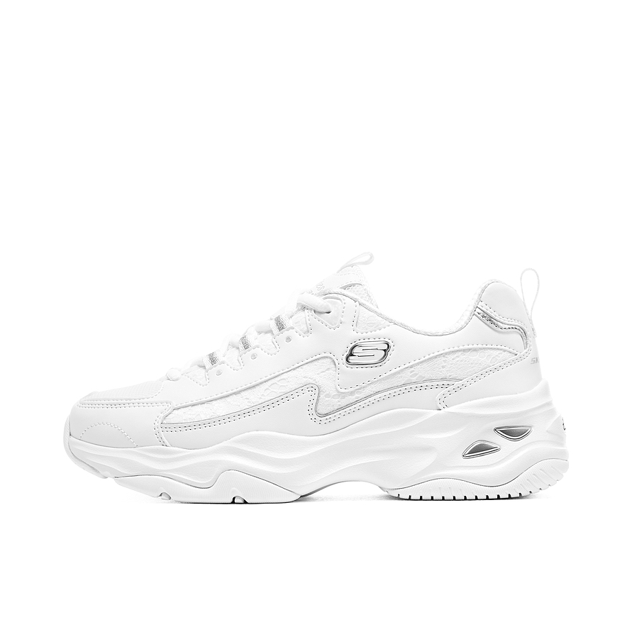 推荐商品：【赵露思同款】 Skechers/斯凯奇 D'Lites 4.0 老爹鞋 熊猫鞋 跑鞋 减震耐磨网面透气复古时尚增高厚底绑带运动休闲 银色/白色