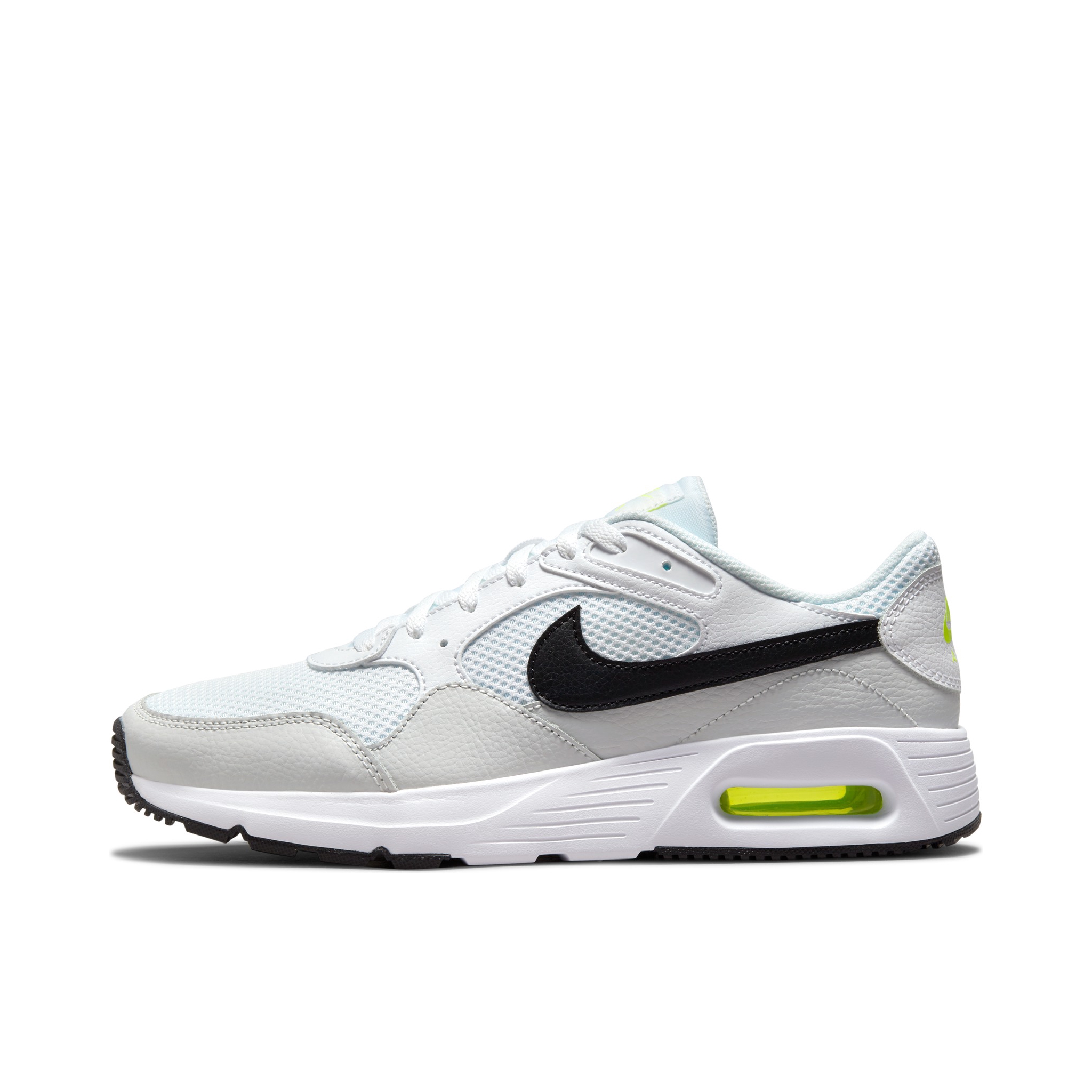 推荐商品：Nike Air Max SC 防滑耐磨 舒适缓震 网布透气 织物 气垫 减震 复古 合成革 耐穿 运动休闲鞋 白色/灰色/荧光黄