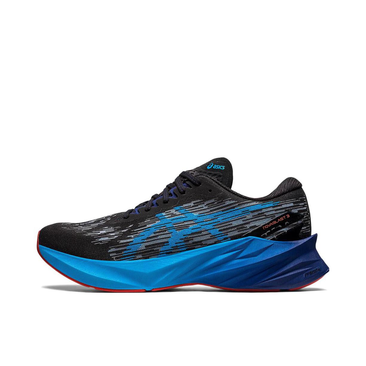 推荐商品：Asics/亚瑟士 Novablast 3 跑鞋 回弹缓震防滑支撑马拉松合成革织物网布透气碳板圆头 蓝色/黑色