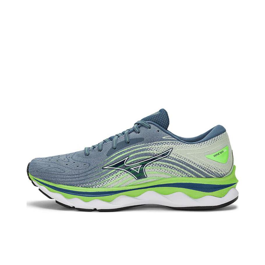 推荐商品：Mizuno/美津浓 Wave Sky 6 缓震耐磨 网面透气 健身训练 织物 舒适回弹 脚感柔软 慢跑 跑鞋 藏青色/白色/荧光绿