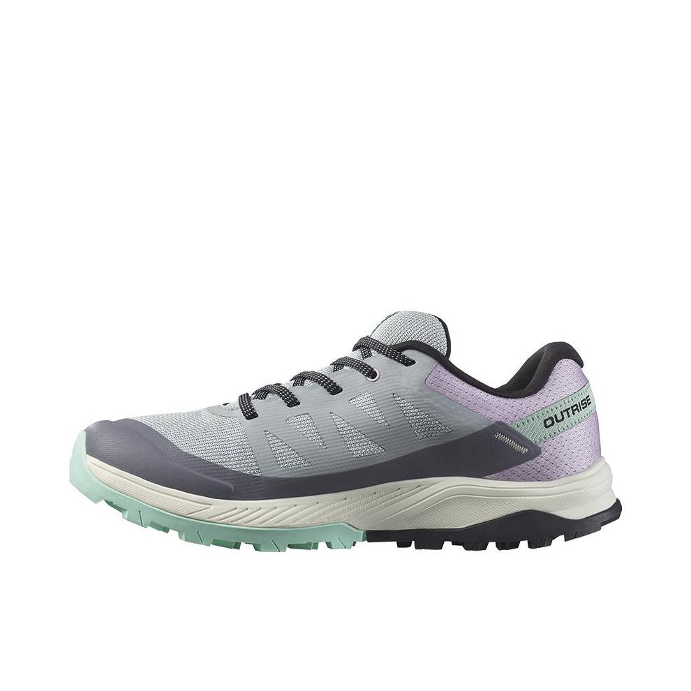 推荐商品：Salomon/萨洛蒙 Outrise Gtx 防水 耐磨 织物 包裹性 减震 防滑 稳定抓地 合成革 登山 徒步 户外鞋 女款/沙场灰