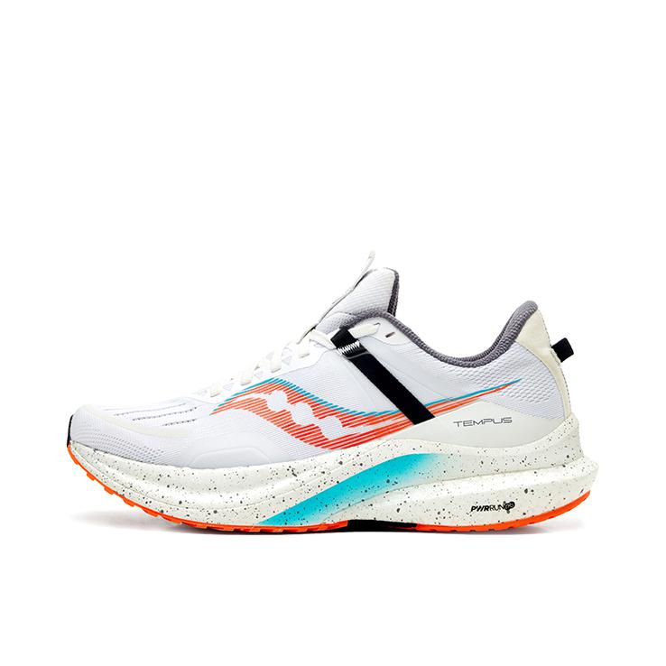 推荐商品：Saucony/索康尼  Tempus 1 坦途  防滑耐磨 缓震回弹 透气 稳定支撑 织物  跑鞋 白色/桔色