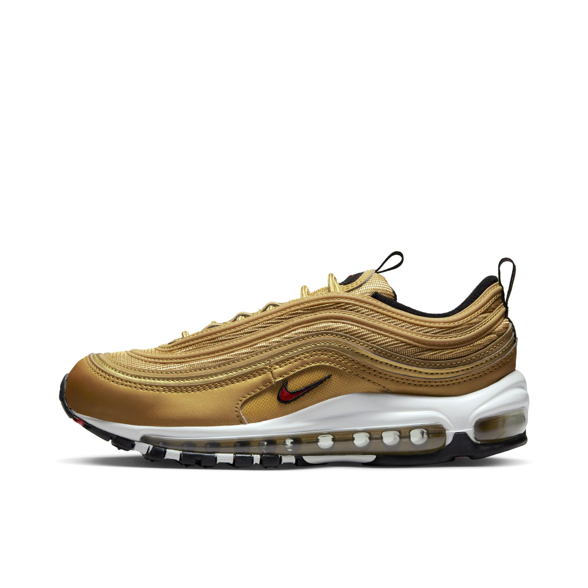 推荐商品：Nike Air Max 97 跑鞋 气垫减震全掌舒适透气防滑耐磨百搭复古织物合成革运动时尚圆头包裹性支撑 Metallic Gold 金子弹