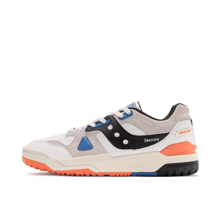 推荐商品：Saucony/索康尼 Cross 90 复古百搭 潮流 防滑耐磨 合成革 真皮 透气 增高 板鞋 运动休闲鞋 灰黑橙