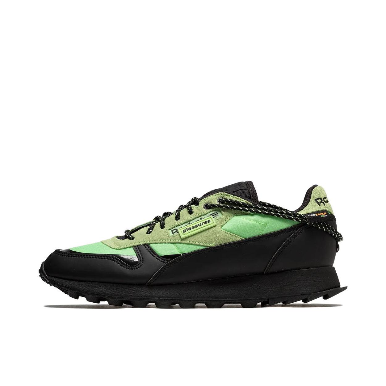推荐商品：Reebok/锐步 Classic Leather 跑鞋 休闲复古减震回弹防滑耐磨低帮合成革织物轻便 PLEASURES联名/黑色/绿色