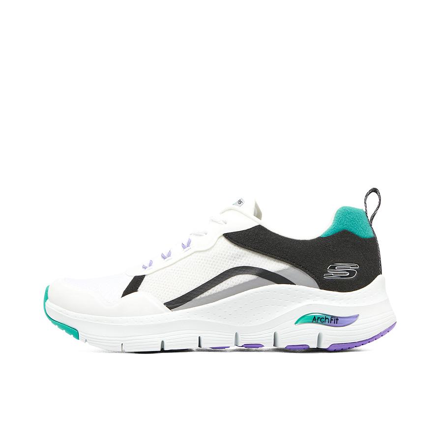 推荐商品：Skechers/斯凯奇 Arch Fit 耐磨 缓震防滑 轻便透气 舒适网面 足弓支撑 绑带 运动 跑鞋 149057 白色/绿色