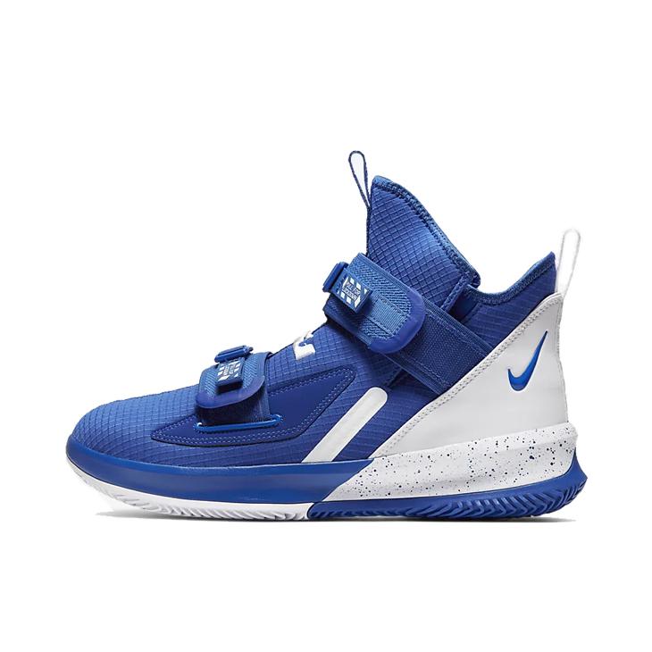 推荐商品：Nike LeBron Soldier 13 士兵13 缓震回弹 耐磨防滑 舒适百搭 包裹性支撑 魔术贴 圆头合成革 织物 实战 篮球鞋 White/Blue 白蓝泼墨