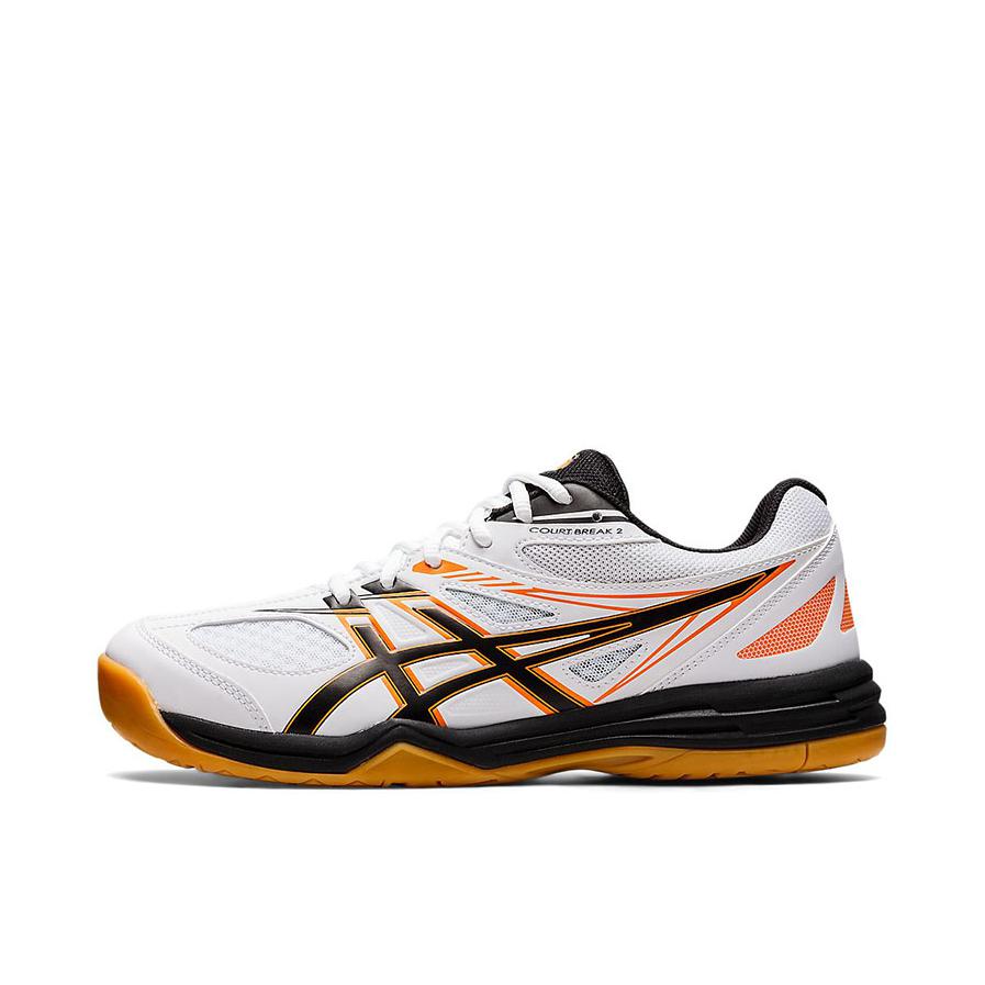 推荐商品：Asics/亚瑟士 Court Break 2 透气舒适 减震耐磨 生胶 运动训练 羽毛球鞋 白色/橘色/黑色