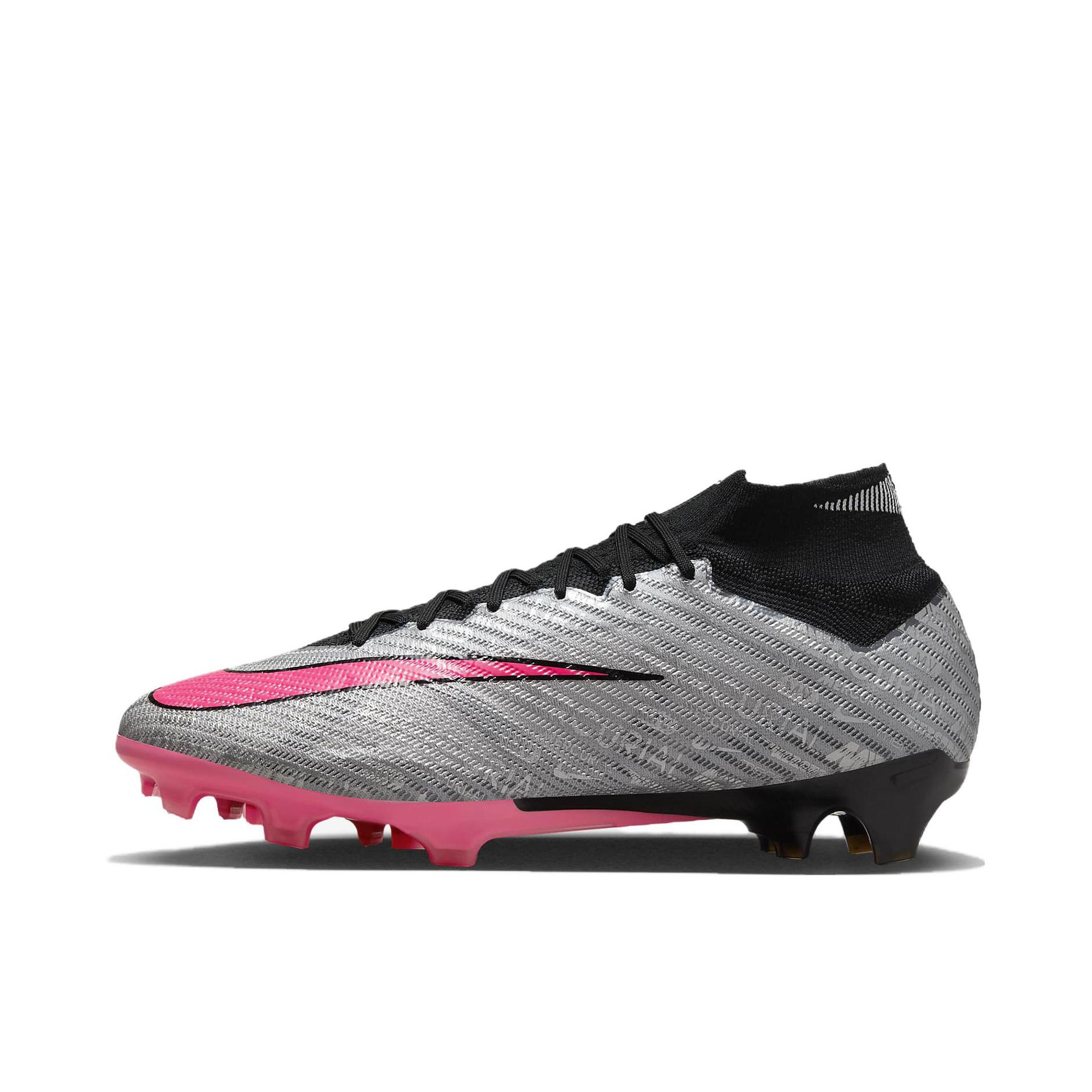 推荐商品：Nike Zoom Mercurial Superfly 9 Elite 25 FG 超顶级 胶质长钉 硬草地 防滑包裹性 足球鞋 金属银/黑色/粉红色
