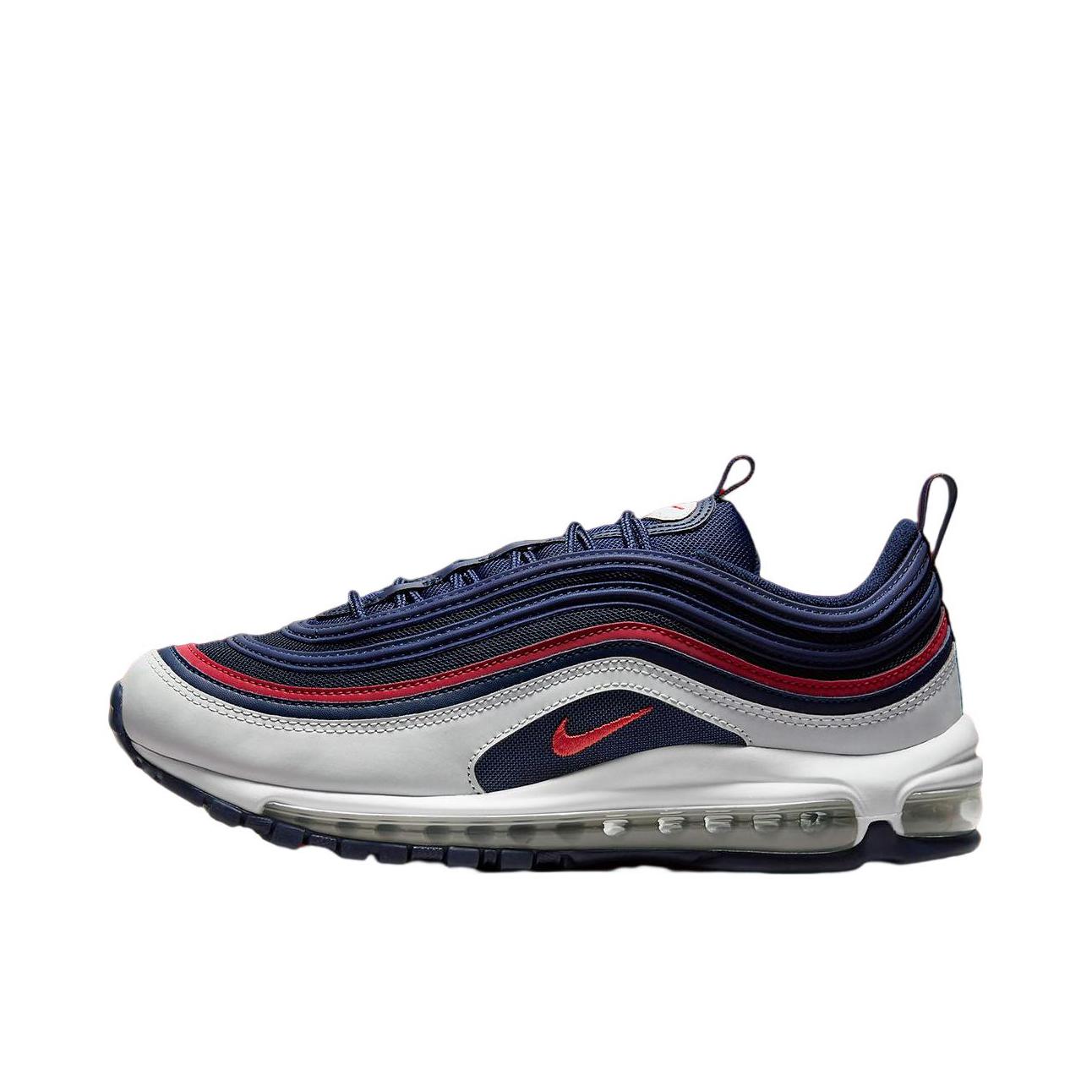 推荐商品：Nike Air Max 97 跑鞋 气垫减震全掌舒适透气防滑耐磨百搭复古织物合成革运动时尚圆头包裹性支撑 红色/白色/蓝色