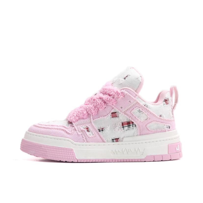 推荐商品：Jifffly Denim-Tartan 板鞋 面包鞋 牛仔格子拼接解构休闲百搭低帮 樱花粉色