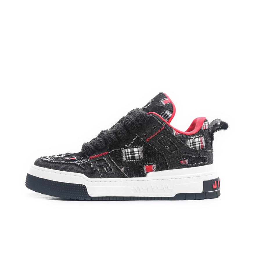 推荐商品：Jifffly Denim-Tartan 板鞋 面包鞋 牛仔格子拼接解构休闲百搭低帮 黑色/白色