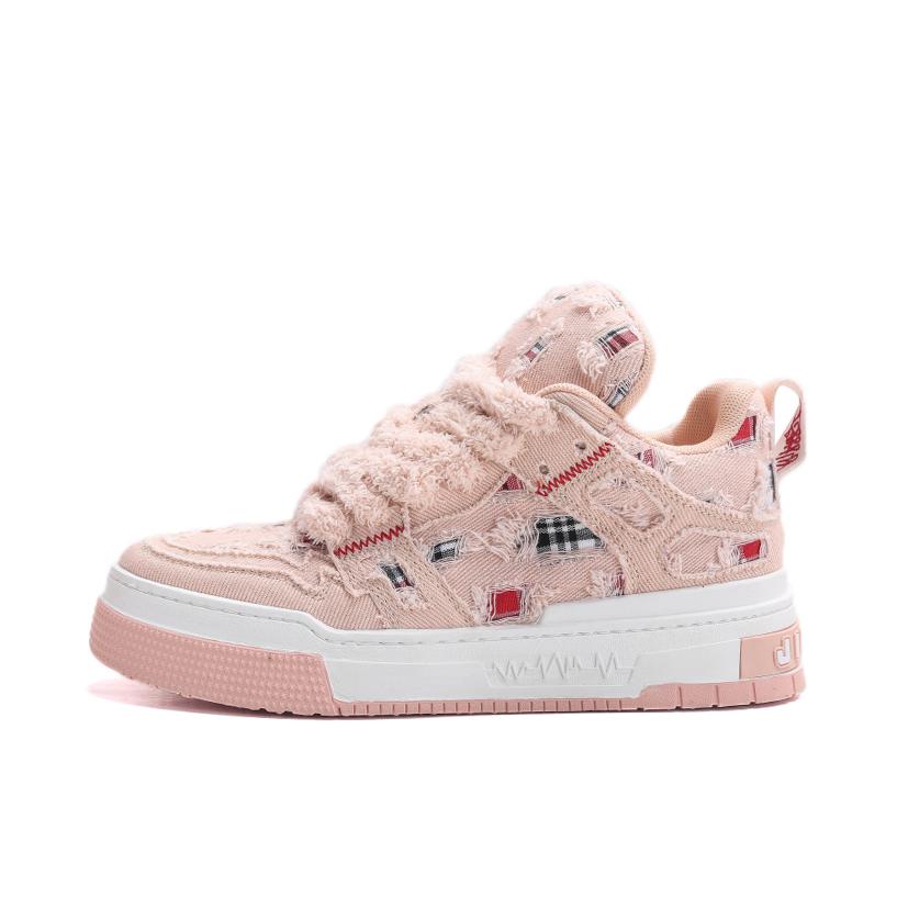 推荐商品：Jifffly Denim-Tartan 板鞋 面包鞋 牛仔格子拼接解构休闲百搭低帮 粉色